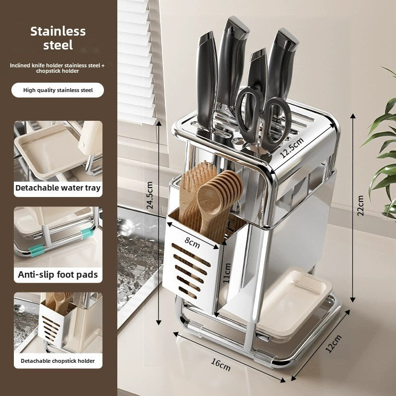 Stainless Steel Kitchen Knife Holder - Modern Cutlery Organizer with Chopstick Storage, Space-Saving Countertop Design for Knives and Utensils