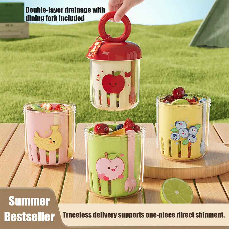 Dopamine Double-Layer Fruit & Salad Cup with Leakproof Lid & Detachable Fork - Portable PP Plastic Cartoon Design for Smoothies, Yogurt, Camping & Picnics
