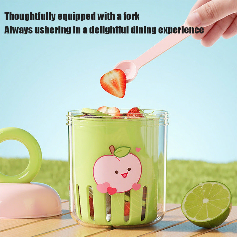 Dopamine Double-Layer Fruit & Salad Cup with Leakproof Lid & Detachable Fork - Portable PP Plastic Cartoon Design for Smoothies, Yogurt, Camping & Picnics