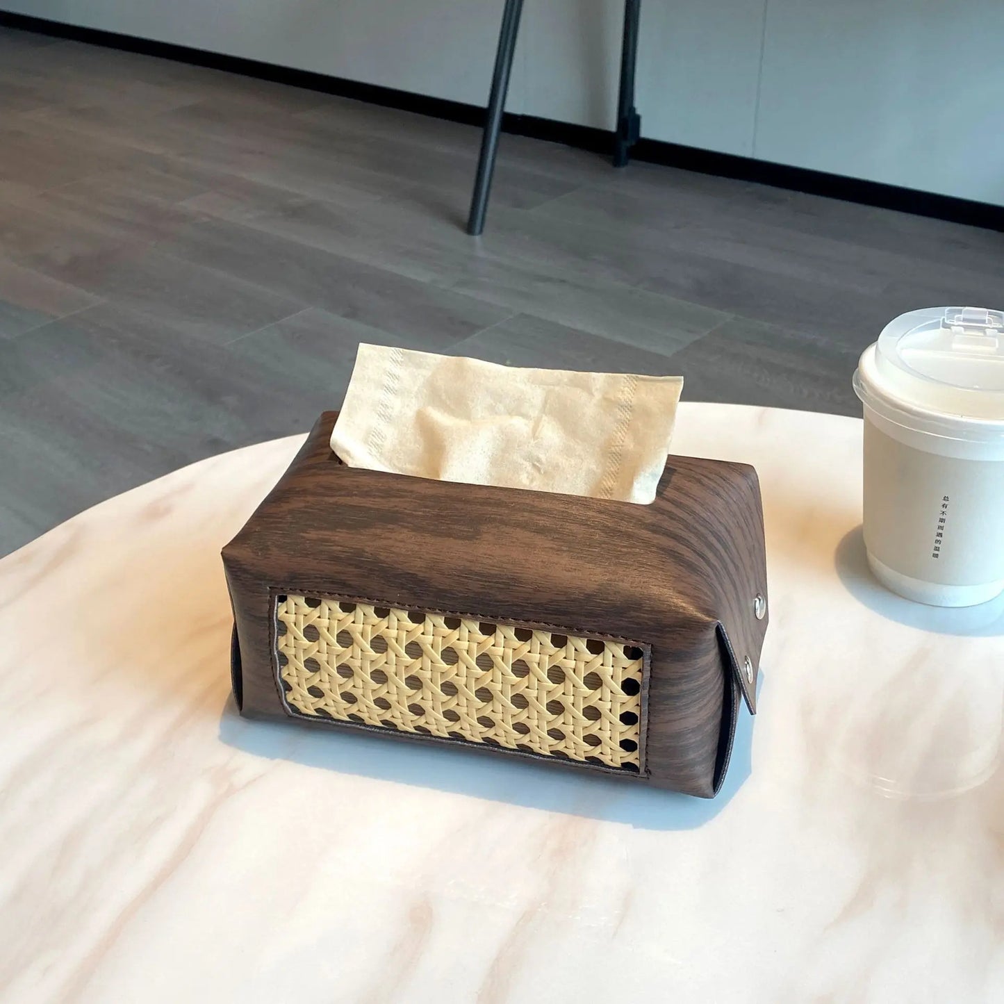Wood & Leather Tissue Box Cover - Waterproof Mid-Century Modern Design for Living Room, Car, Bathroom