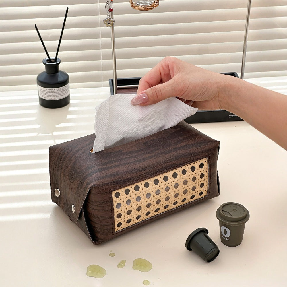 Wood & Leather Tissue Box Cover - Waterproof Mid-Century Modern Design for Living Room, Car, Bathroom
