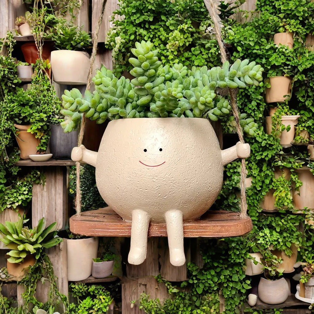 Japanese Zen Hanging Planter - Cheerful Smile Resin Swing for Succulent Displays & Small Spaces