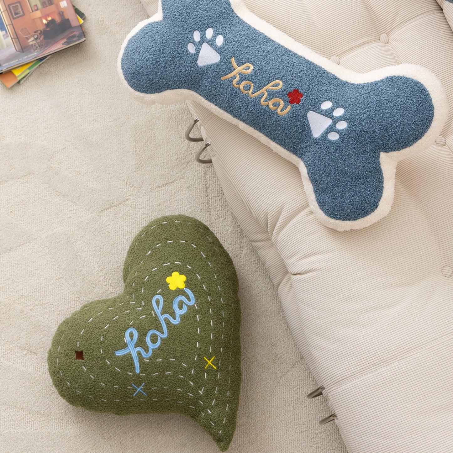 Teddy Plush Love Bone Pillow - Embroidered Cartoon Cushion for Sofa & Bed, Soft PP Cotton Filled Home Decor