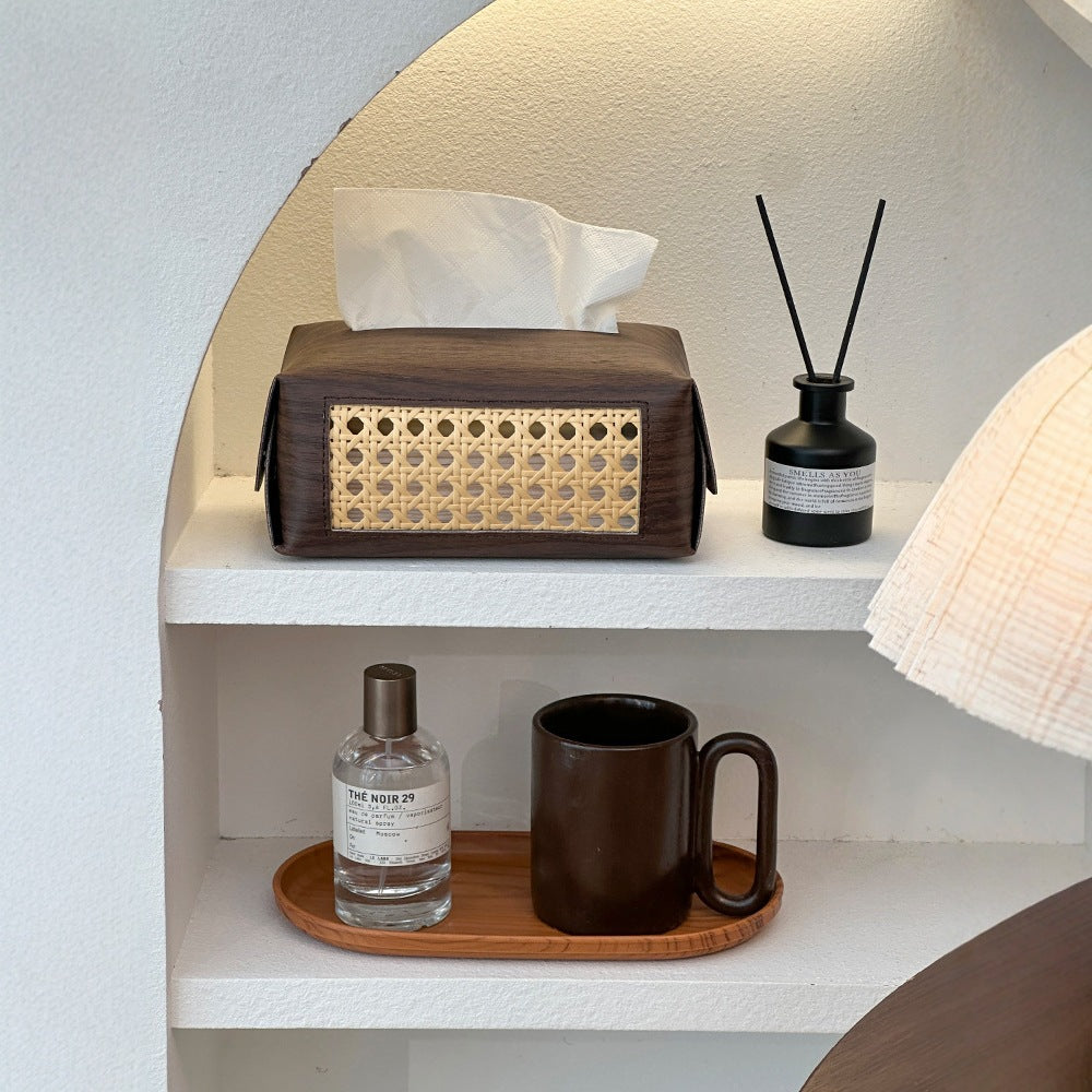 Wood & Leather Tissue Box Cover - Waterproof Mid-Century Modern Design for Living Room, Car, Bathroom
