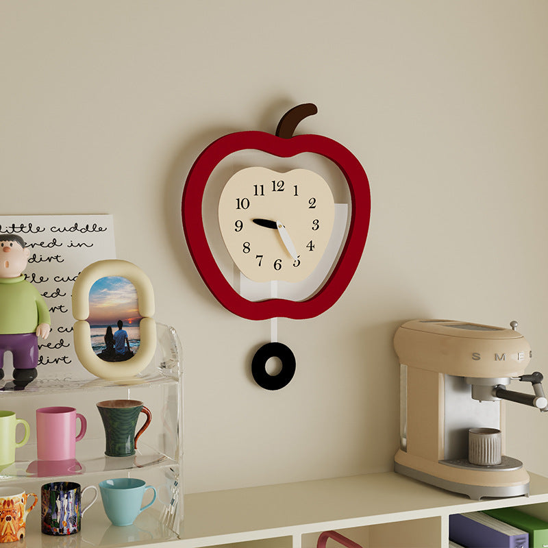 Scandinavian Apple-Shaped Wall Clock with Pendulum - 35x37cm, Silent Modern Decor for Living Room, Bedroom