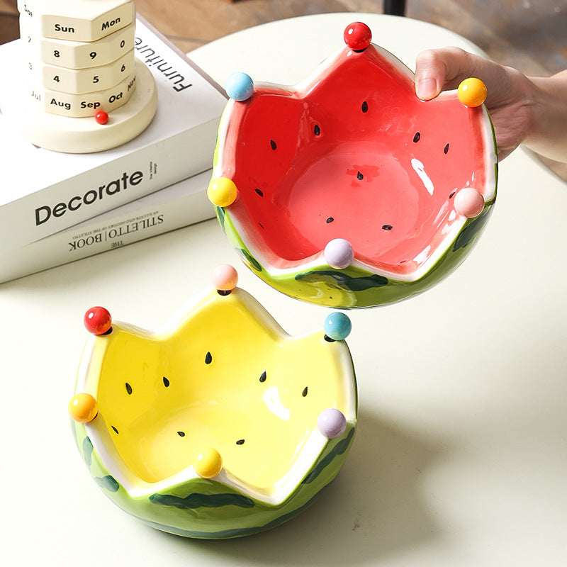 Modern Watermelon Fruit Fork Set with Ceramic Tray | Stainless Steel Forks & Utensil Holder | Minimalist Underglaze Design for Dining Table, Kitchen, and Party Serving