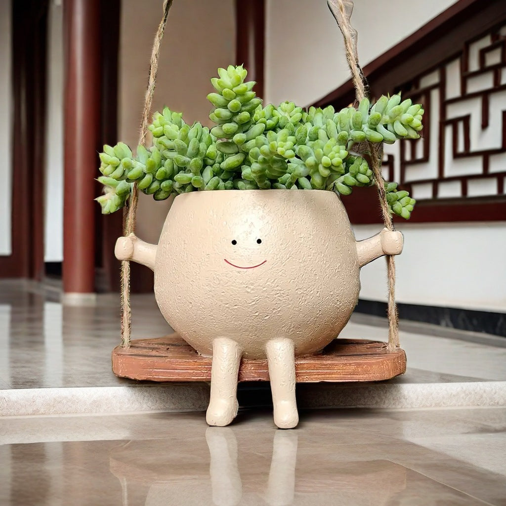 Japanese Zen Hanging Planter - Cheerful Smile Resin Swing for Succulent Displays & Small Spaces