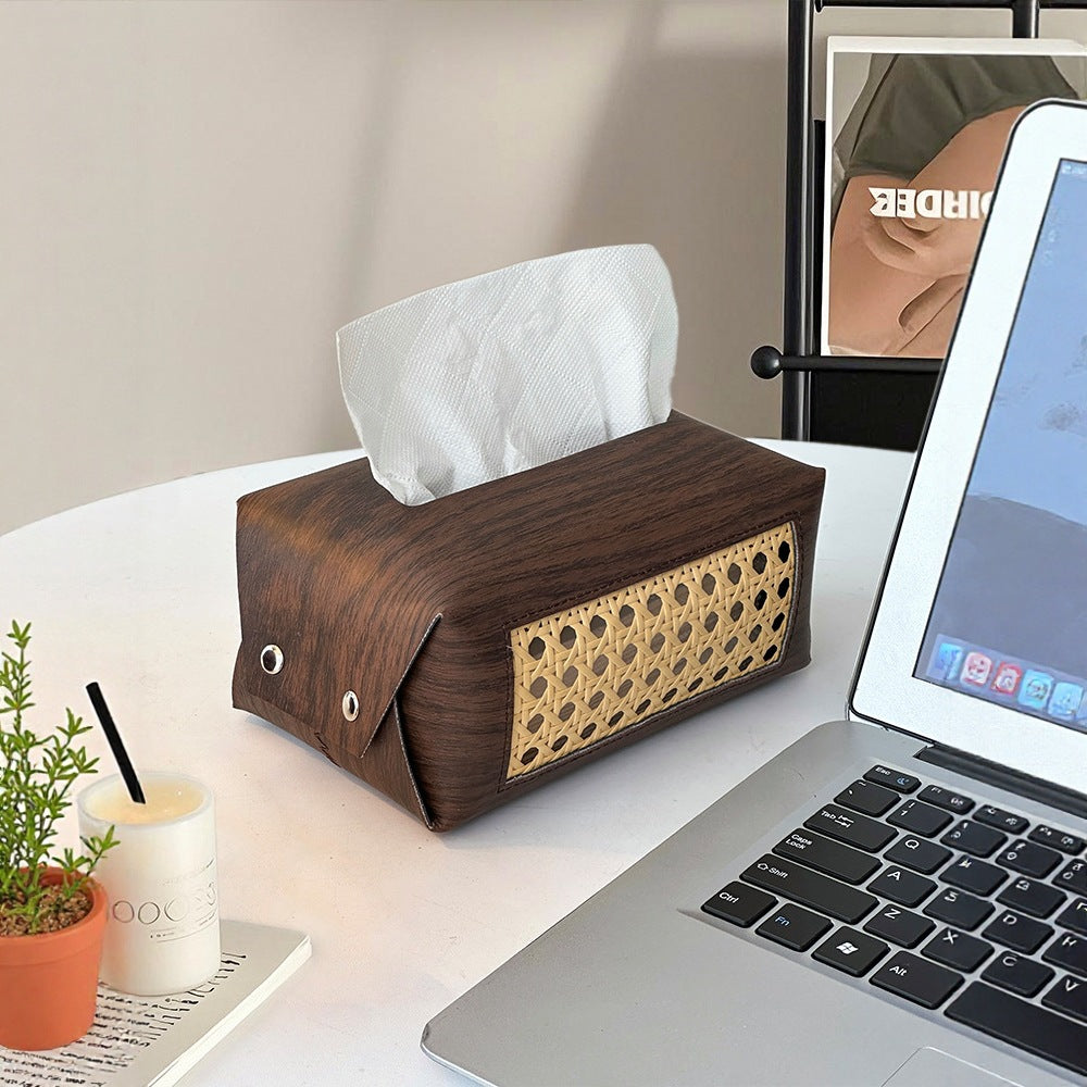 Wood & Leather Tissue Box Cover - Waterproof Mid-Century Modern Design for Living Room, Car, Bathroom
