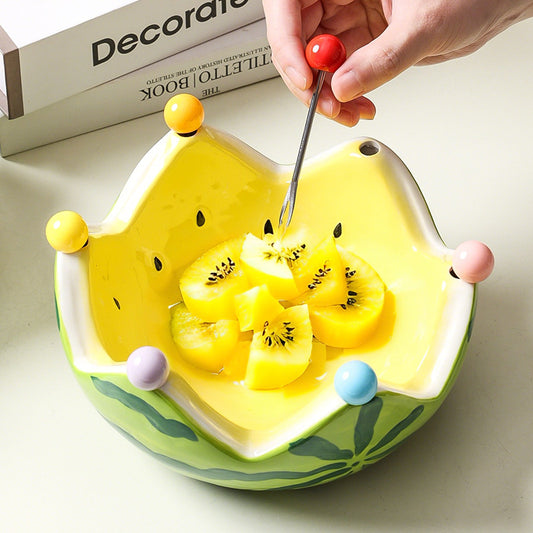 Modern Watermelon Fruit Fork Set with Ceramic Tray | Stainless Steel Forks & Utensil Holder | Minimalist Underglaze Design for Dining Table, Kitchen, and Party Serving