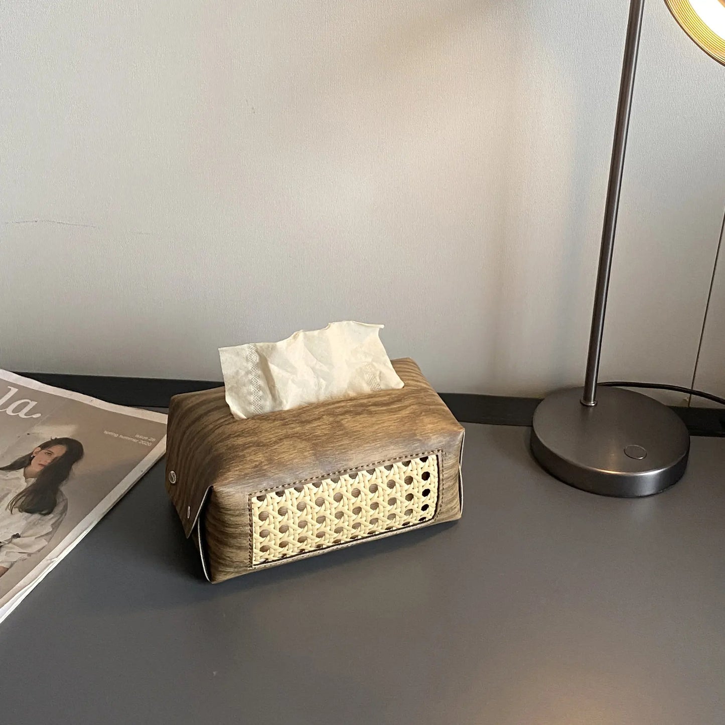 Wood & Leather Tissue Box Cover - Waterproof Mid-Century Modern Design for Living Room, Car, Bathroom