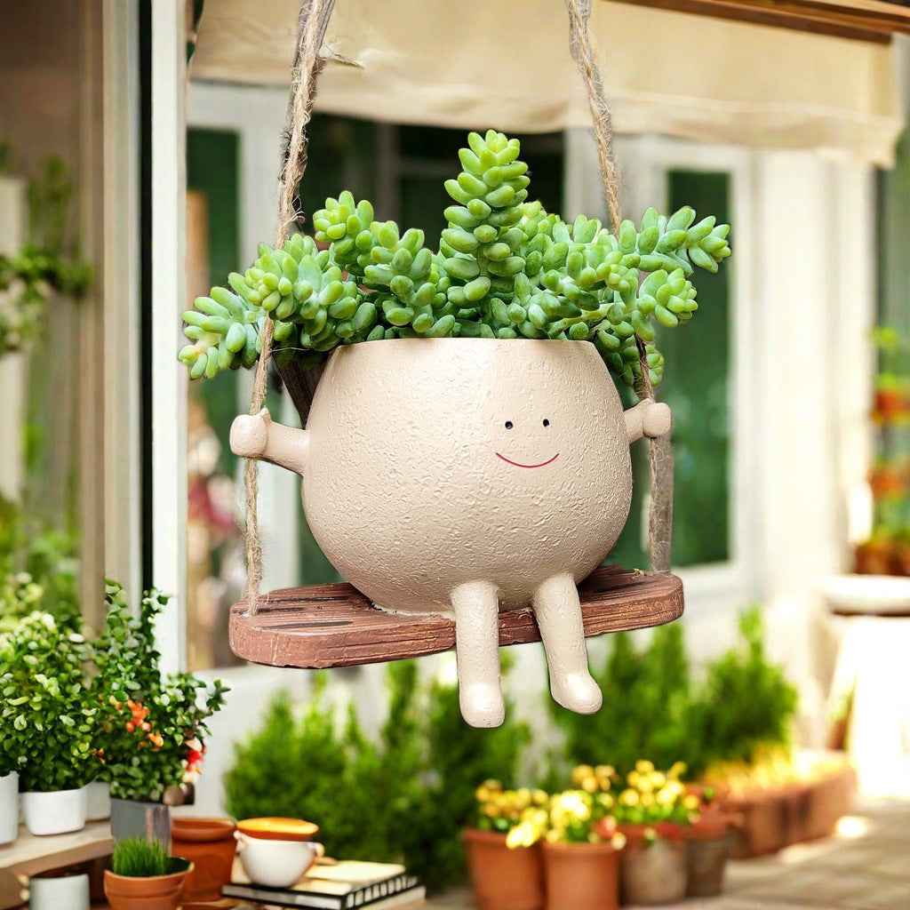 Japanese Zen Hanging Planter - Cheerful Smile Resin Swing for Succulent Displays & Small Spaces