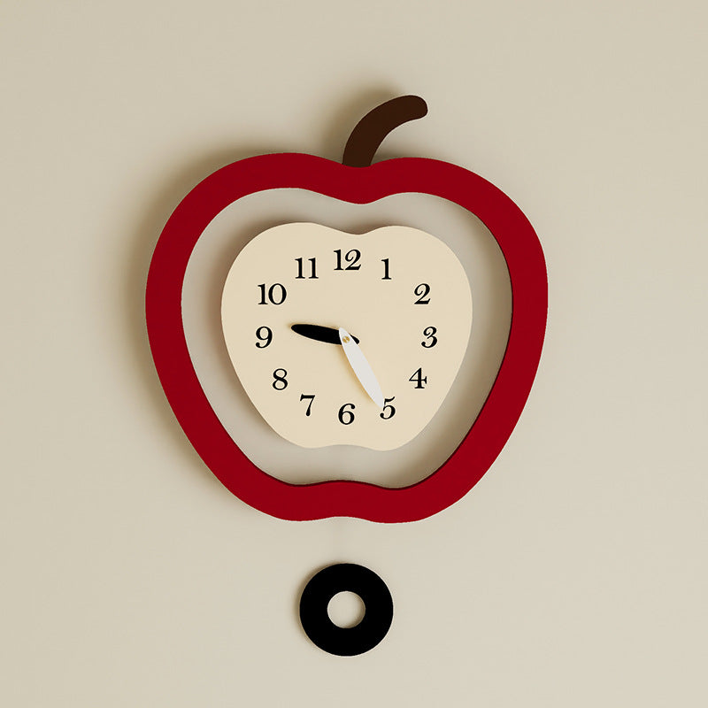 Scandinavian Apple-Shaped Wall Clock with Pendulum - 35x37cm, Silent Modern Decor for Living Room, Bedroom
