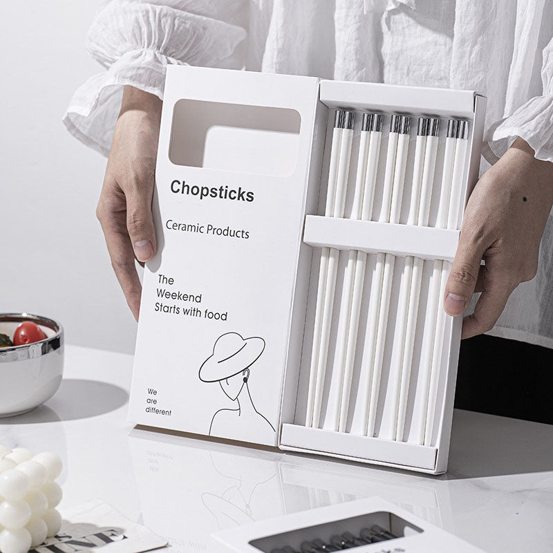 Anti-Mold Ceramic Chopsticks with Lucky 'Fu' Engraving & Silver-Copper Tips - Modern Black-White Kitchenware for Home/Dining