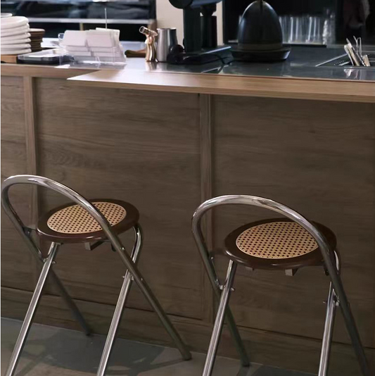 Modern Wabi-Sabi Style Cafe Bar Stool - Space-Saving Foldable Round Stool with Rattan Details | Stainless Steel Frame & Ergonomic Design