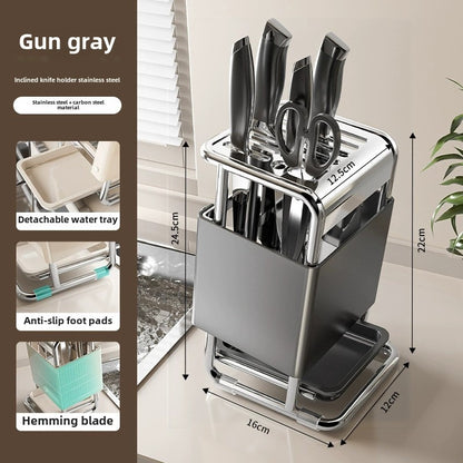 Stainless Steel Kitchen Knife Holder - Modern Cutlery Organizer with Chopstick Storage, Space-Saving Countertop Design for Knives and Utensils