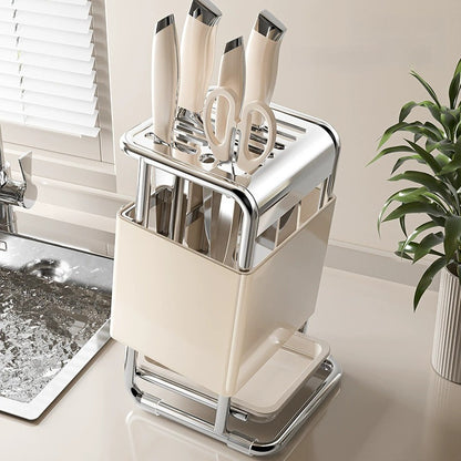 Stainless Steel Kitchen Knife Holder - Modern Cutlery Organizer with Chopstick Storage, Space-Saving Countertop Design for Knives and Utensils