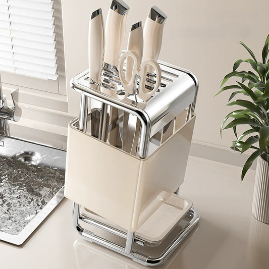 Stainless Steel Kitchen Knife Holder - Modern Cutlery Organizer with Chopstick Storage, Space-Saving Countertop Design for Knives and Utensils