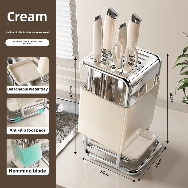 Stainless Steel Kitchen Knife Holder - Modern Cutlery Organizer with Chopstick Storage, Space-Saving Countertop Design for Knives and Utensils