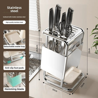 Stainless Steel Kitchen Knife Holder - Modern Cutlery Organizer with Chopstick Storage, Space-Saving Countertop Design for Knives and Utensils
