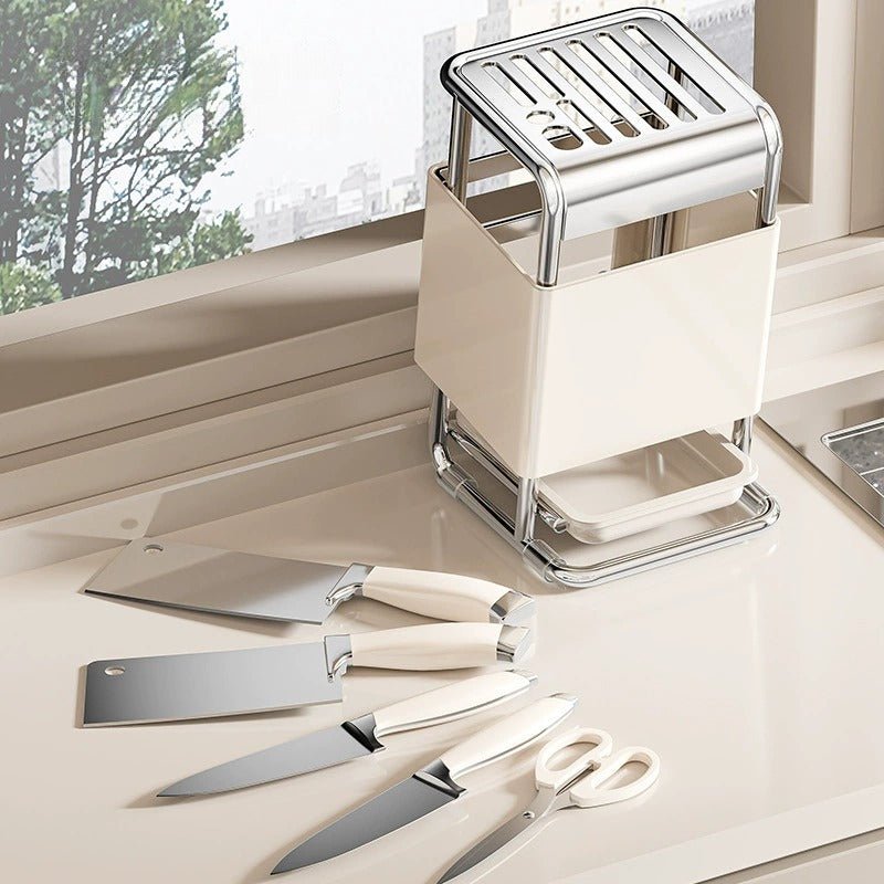 Stainless Steel Kitchen Knife Holder - Modern Cutlery Organizer with Chopstick Storage, Space-Saving Countertop Design for Knives and Utensils