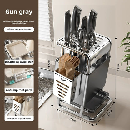 Stainless Steel Kitchen Knife Holder - Modern Cutlery Organizer with Chopstick Storage, Space-Saving Countertop Design for Knives and Utensils