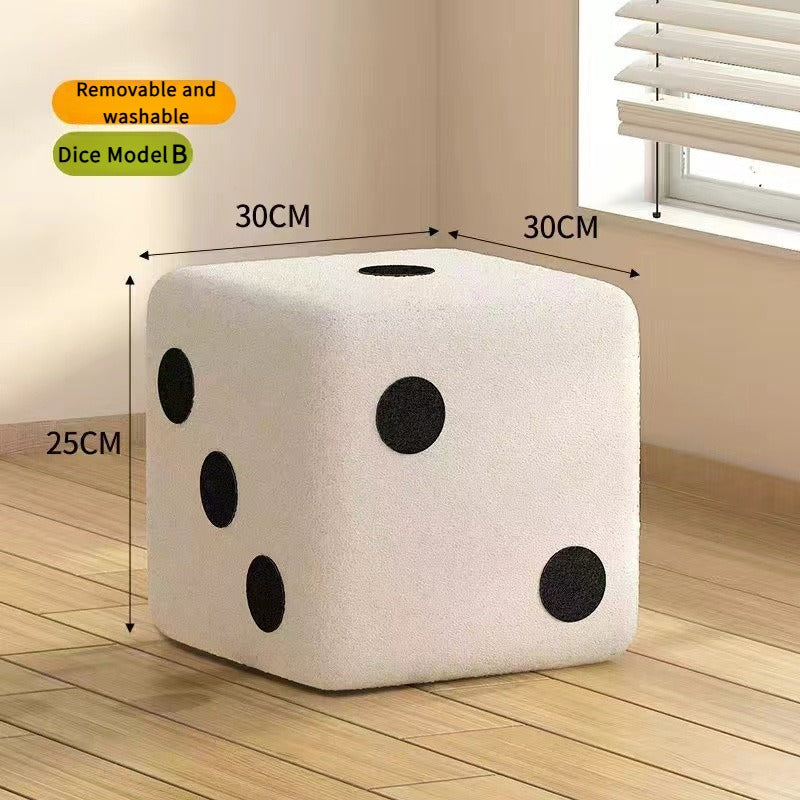 Nordic Mid-Century Dice Stool – Solid Wood & Sheepskin Entryway Bench, Black and White Shoe Storage Ottoman