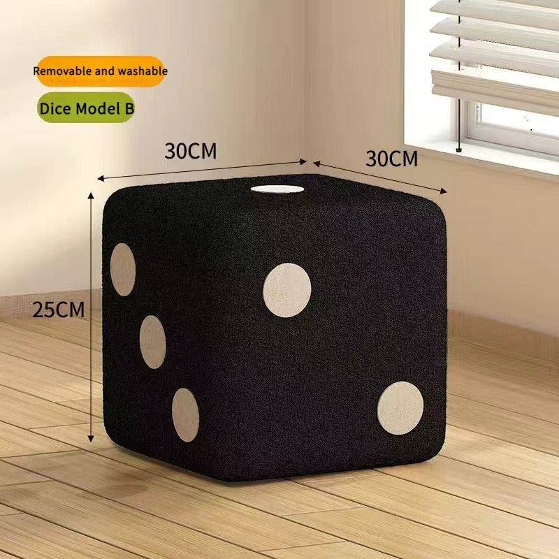 Nordic Mid-Century Dice Stool – Solid Wood & Sheepskin Entryway Bench, Black and White Shoe Storage Ottoman