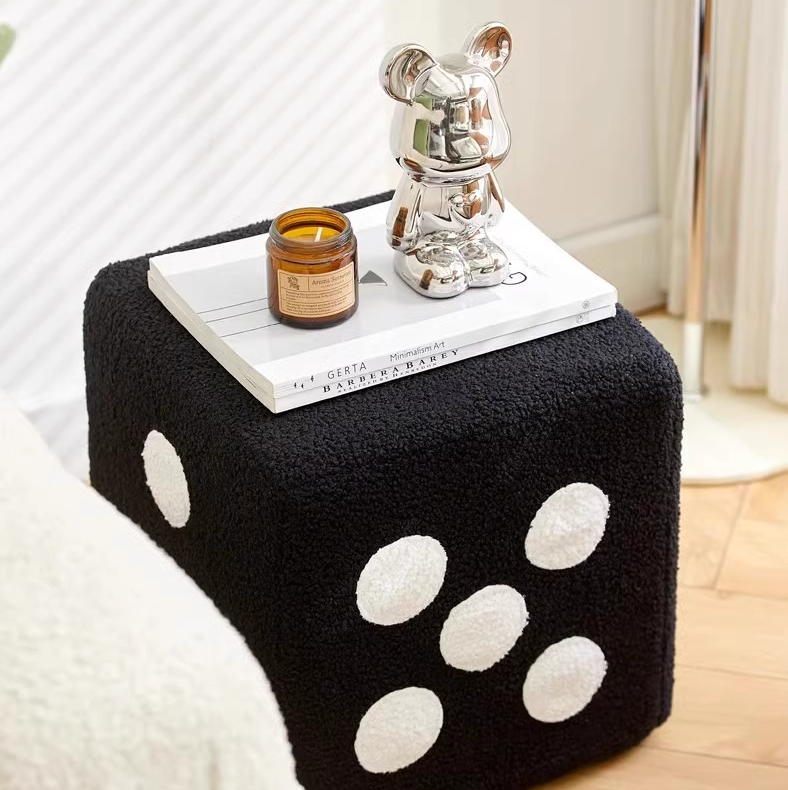 Nordic Mid-Century Dice Stool – Solid Wood & Sheepskin Entryway Bench, Black and White Shoe Storage Ottoman
