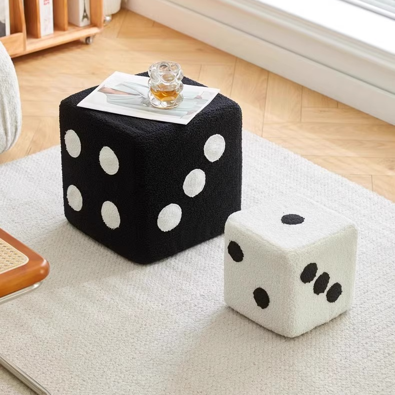 Nordic Mid-Century Dice Stool – Solid Wood & Sheepskin Entryway Bench, Black and White Shoe Storage Ottoman