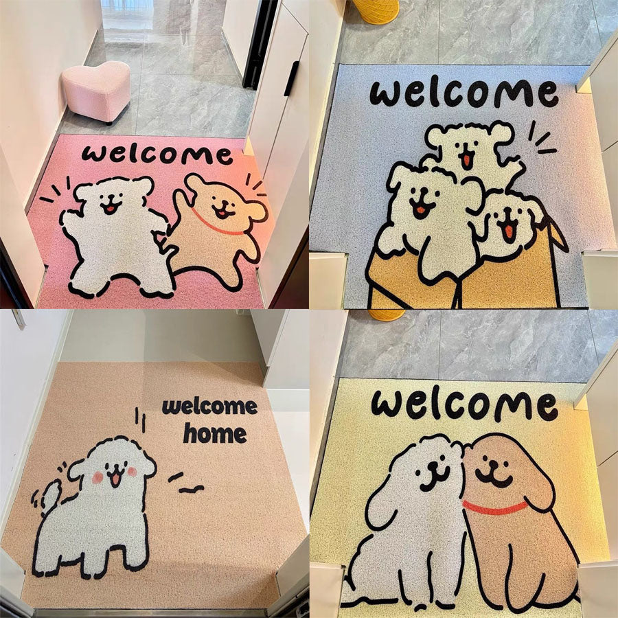 Cartoon Line Art Puppy PVC Carved Pile Coir Mat - Anti-Slip, Dirt-Resistant Entryway Rug for Easy Cleaning