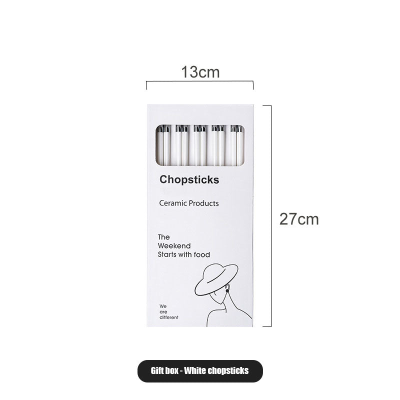 Anti-Mold Ceramic Chopsticks with Lucky 'Fu' Engraving & Silver-Copper Tips - Modern Black-White Kitchenware for Home/Dining