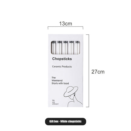 Anti-Mold Ceramic Chopsticks with Lucky 'Fu' Engraving & Silver-Copper Tips - Modern Black-White Kitchenware for Home/Dining