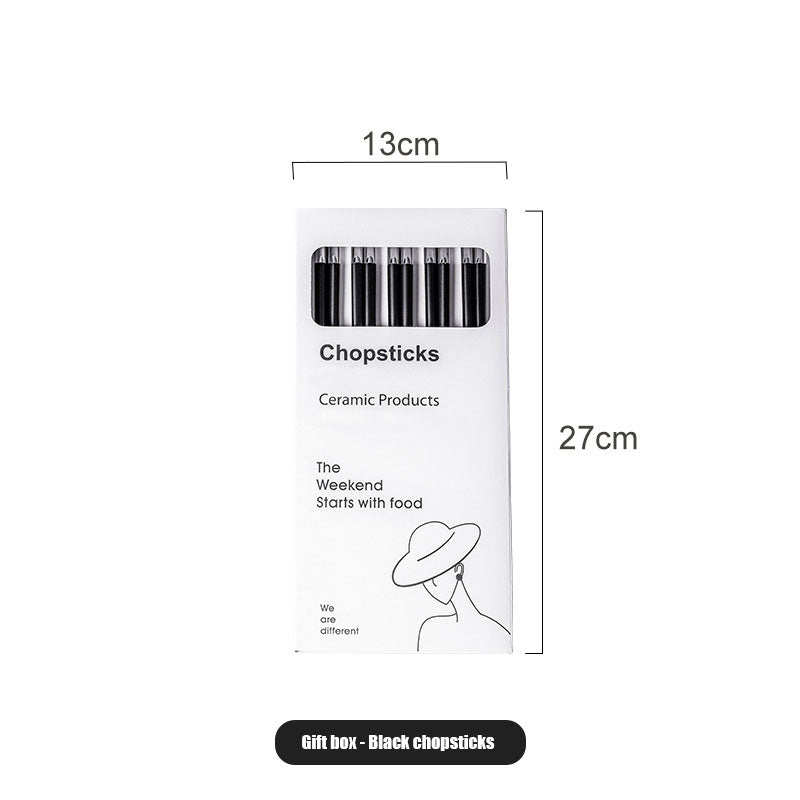 Anti-Mold Ceramic Chopsticks with Lucky 'Fu' Engraving & Silver-Copper Tips - Modern Black-White Kitchenware for Home/Dining