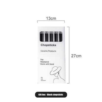 Anti-Mold Ceramic Chopsticks with Lucky 'Fu' Engraving & Silver-Copper Tips - Modern Black-White Kitchenware for Home/Dining