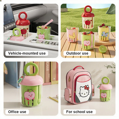 Dopamine Double-Layer Fruit & Salad Cup with Leakproof Lid & Detachable Fork - Portable PP Plastic Cartoon Design for Smoothies, Yogurt, Camping & Picnics