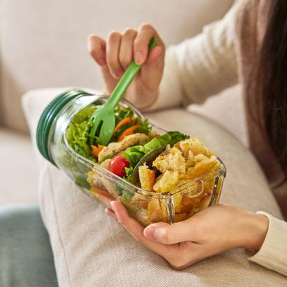 Salad Pod Mason Jar with Side Open – Reusable Leakproof Lunch Container with Dressing Cup & Forks, Lid‑to‑Bowl Design for Meal Prep (2 Pack)