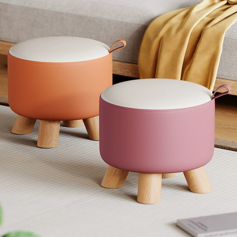 Modern Solid Wood Stool - Versatile Upholstered Ottoman with Handle for Entryway, Living Room, or Bedroom