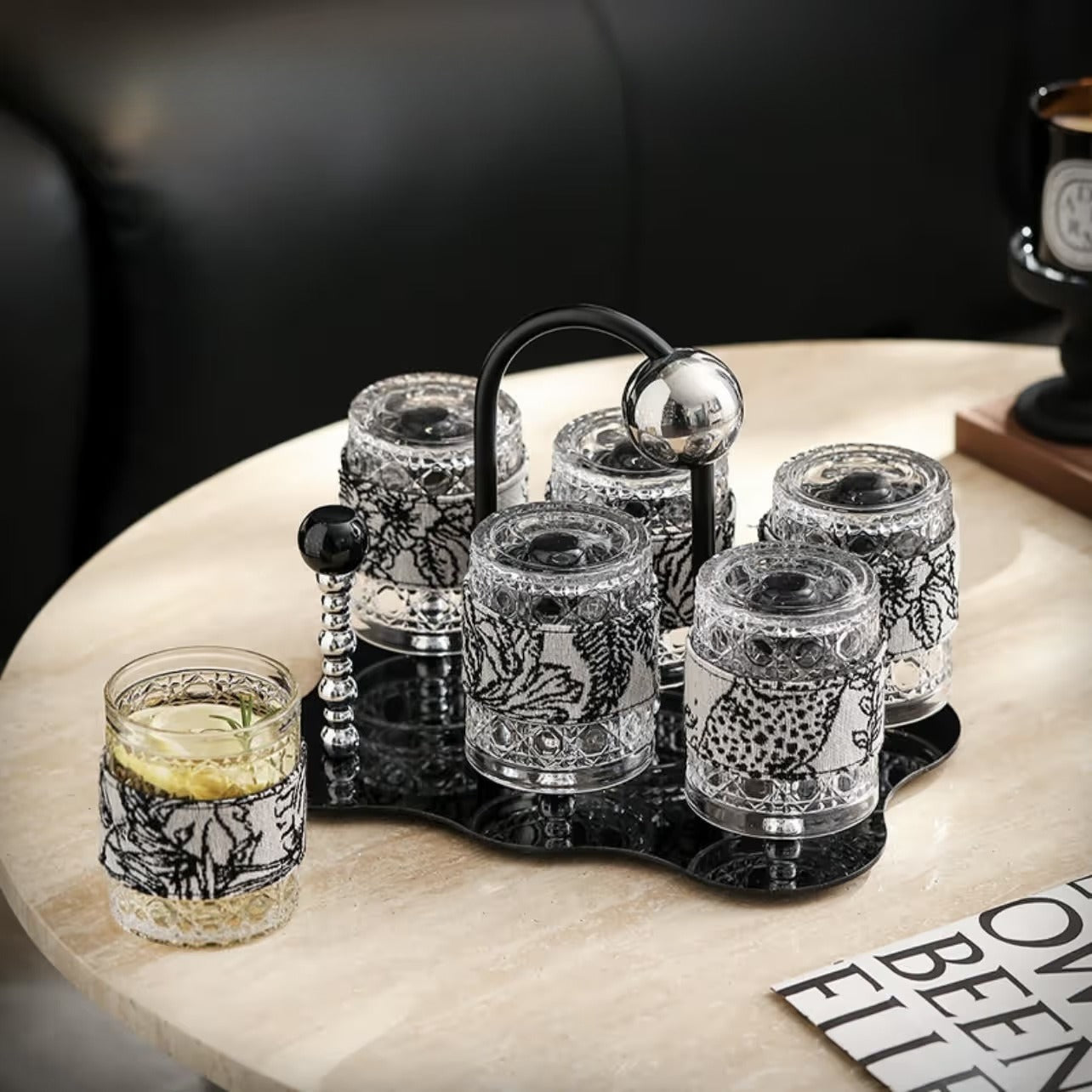 Premium Cream Style Luxury Drinkware Set - Lead-Free Glass Cups with Acrylic Tray, Modern Home Entertaining Essentials