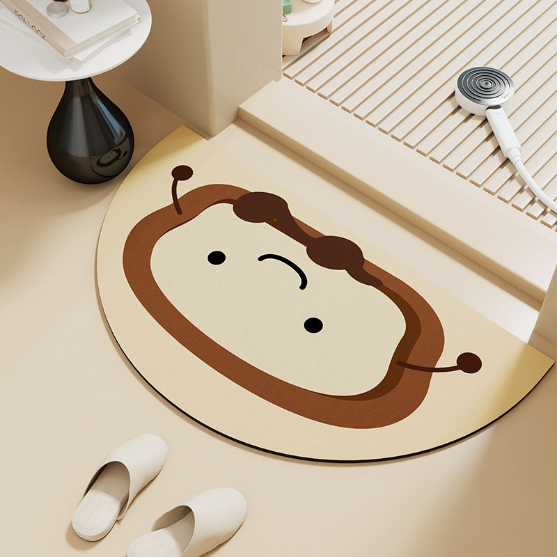 Cartoon Print Semi-Circle Bath Mat - Super Absorbent Algae Silica, Anti-Slip & Easy Clean | Kids-Friendly Bathroom Rug for Humid Climates