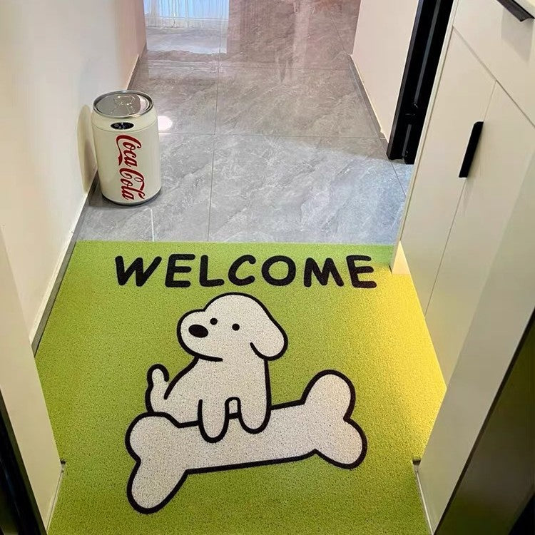 Cartoon Line Art Puppy PVC Carved Pile Coir Mat - Anti-Slip, Dirt-Resistant Entryway Rug for Easy Cleaning