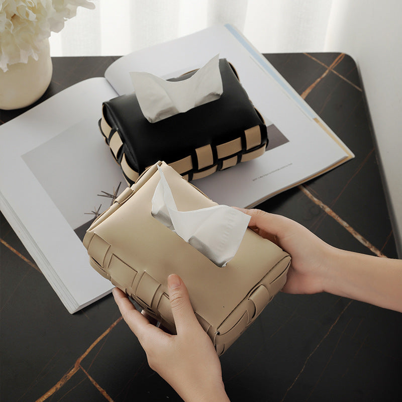 Luxury Leather Woven Tissue Box Cover - Diamond Pattern, Waterproof, for Living Room, Car & Bathroom