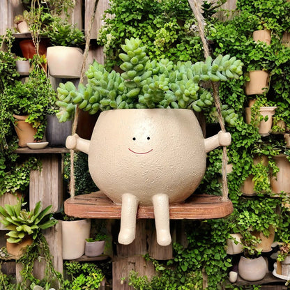 Japanese Zen Hanging Planter - Cheerful Smile Resin Swing for Succulent Displays & Small Spaces