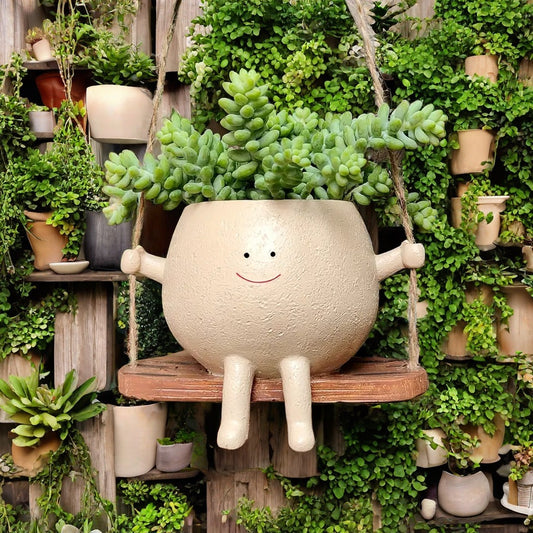 Japanese Zen Hanging Planter - Cheerful Smile Resin Swing for Succulent Displays & Small Spaces