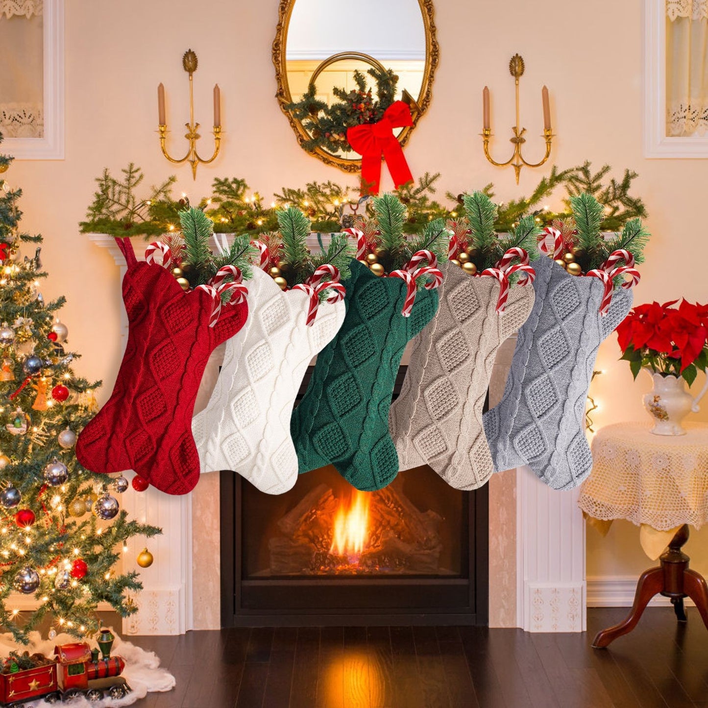18" Monogram Knitted Christmas Stocking with Bone Initial – Personalized Embroidered Xmas Stocking for Dogs, Family Holiday Decor (Green, Letter V)