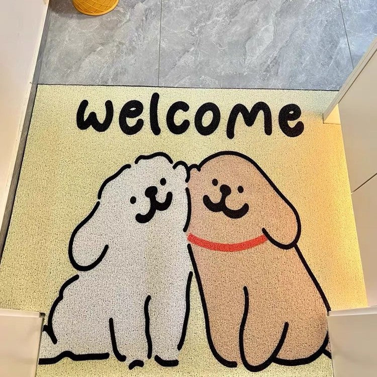 Cartoon Line Art Puppy PVC Carved Pile Coir Mat - Anti-Slip, Dirt-Resistant Entryway Rug for Easy Cleaning