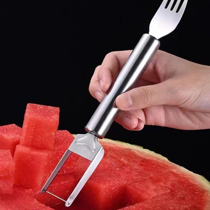 2-in-1 Stainless Steel Watermelon Cutter & Fork Slicer – Dual-Head Fruit Tool with Comfort Round Handle for Fruit Cubes (2 Pack)