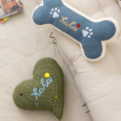 Teddy Plush Love Bone Pillow - Embroidered Cartoon Cushion for Sofa & Bed, Soft PP Cotton Filled Home Decor