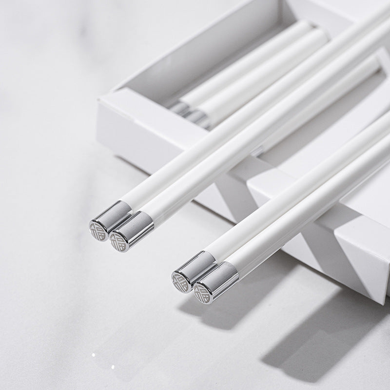 Anti-Mold Ceramic Chopsticks with Lucky 'Fu' Engraving & Silver-Copper Tips - Modern Black-White Kitchenware for Home/Dining