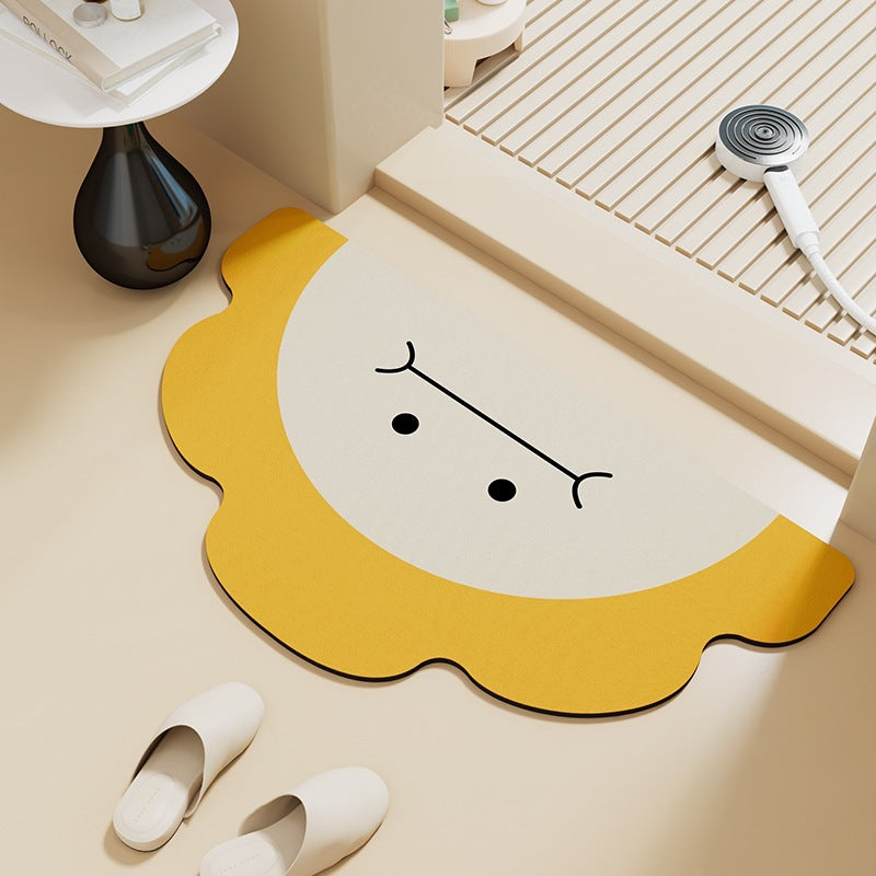 Cartoon Print Semi-Circle Bath Mat - Super Absorbent Algae Silica, Anti-Slip & Easy Clean | Kids-Friendly Bathroom Rug for Humid Climates