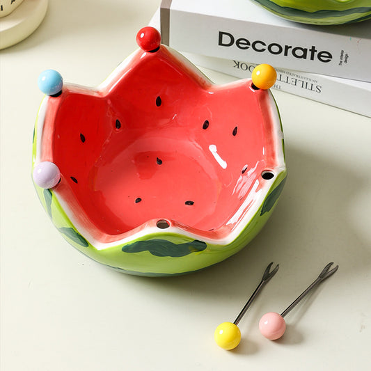 Modern Watermelon Fruit Fork Set with Ceramic Tray | Stainless Steel Forks & Utensil Holder | Minimalist Underglaze Design for Dining Table, Kitchen, and Party Serving